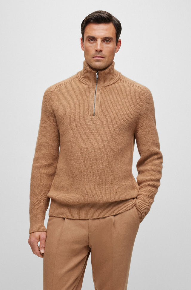 BOSS CAMEL-HAIR SWEATER WITH ZIP