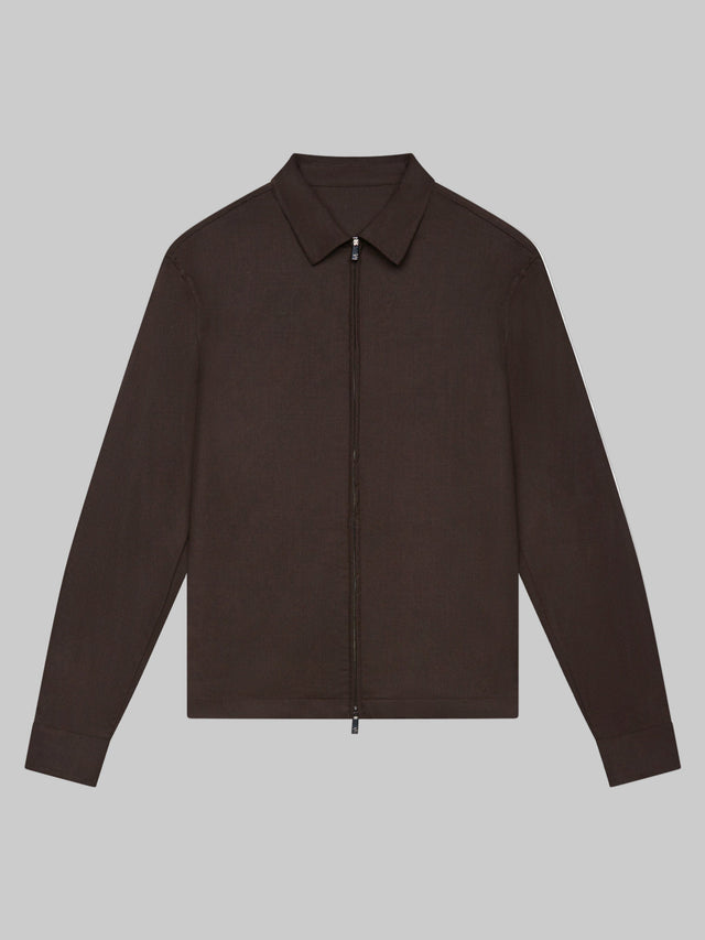 VALENZA FLANNEL STRETCH OVERSHIRT DARK BROWN WOOL WITH ZIP CLOSURE - Hombre Amsterdam