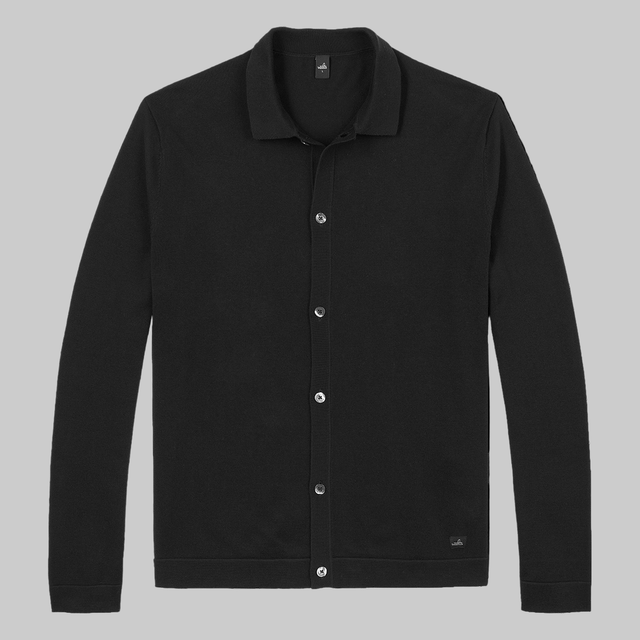 WAHTS MERINO CARDIGAN PURE BLACK LONG SLEEVE WITH BUTTON CLOSURE AND POLO COLLAR - Hombre Amsterdam