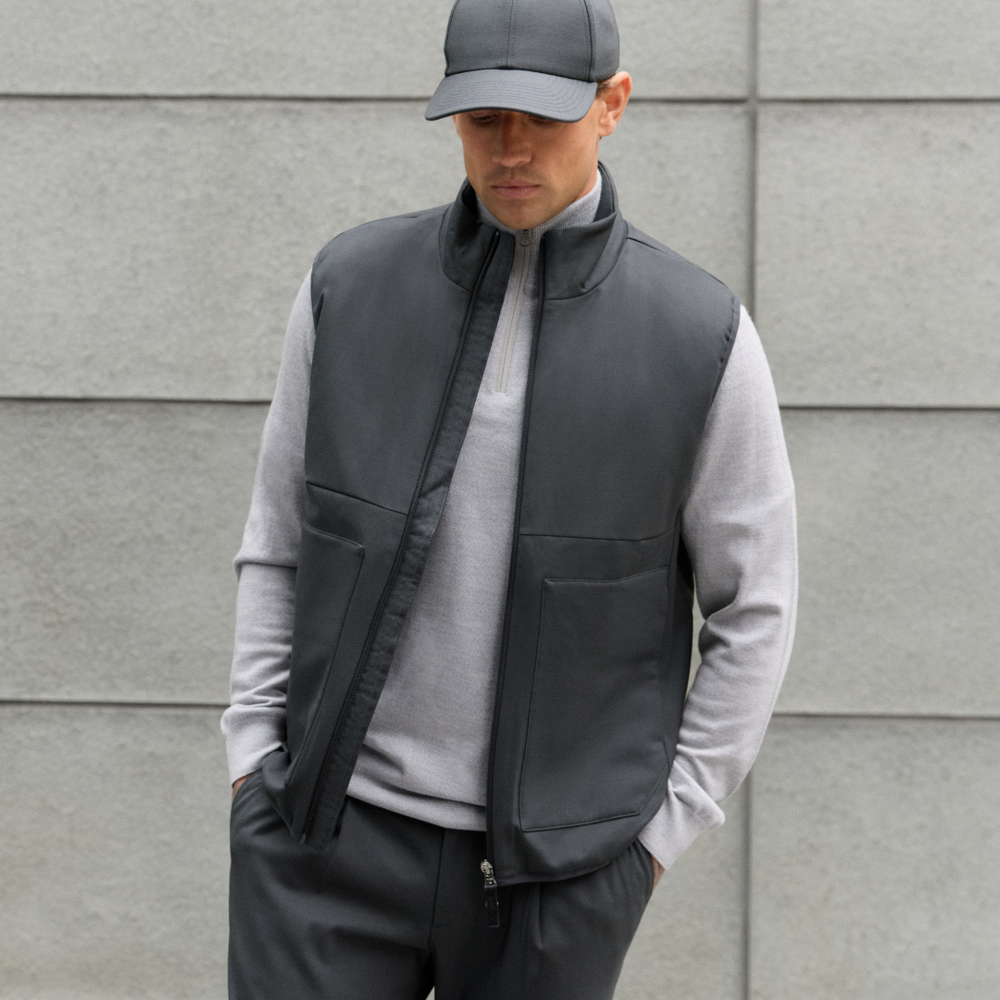 wahts adkins antracite wool vest with zip closure