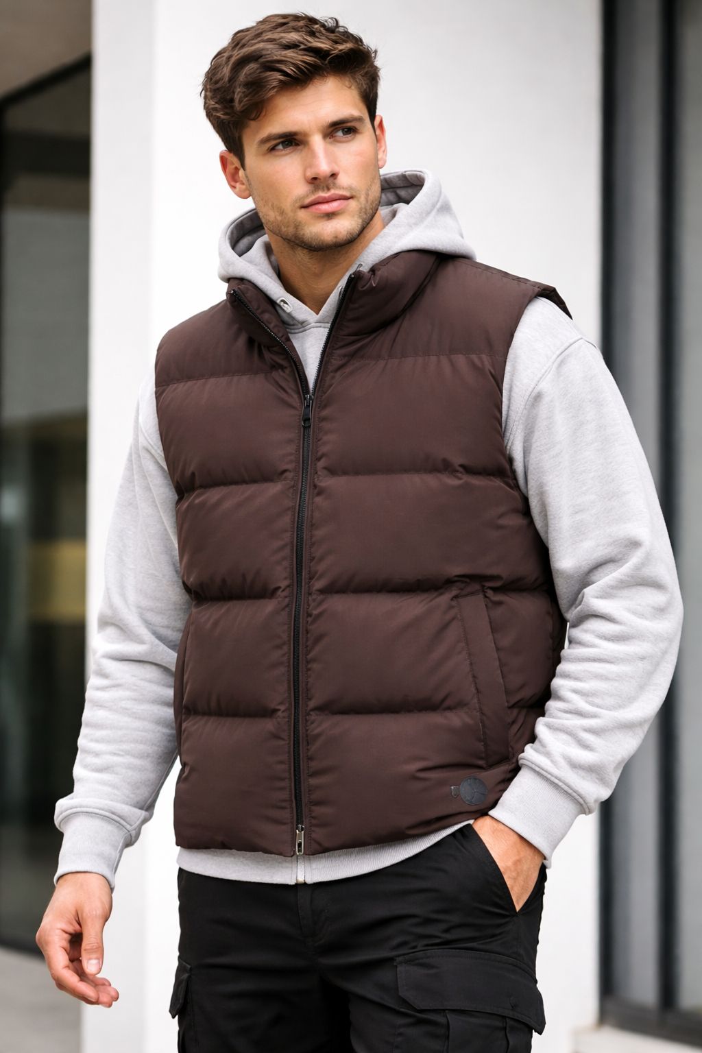 people of shibuya nylon padded bodywarmer dark brown