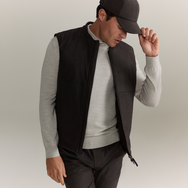 WAHTS STRETCH WOOL BOMBER VEST DARK BROWN