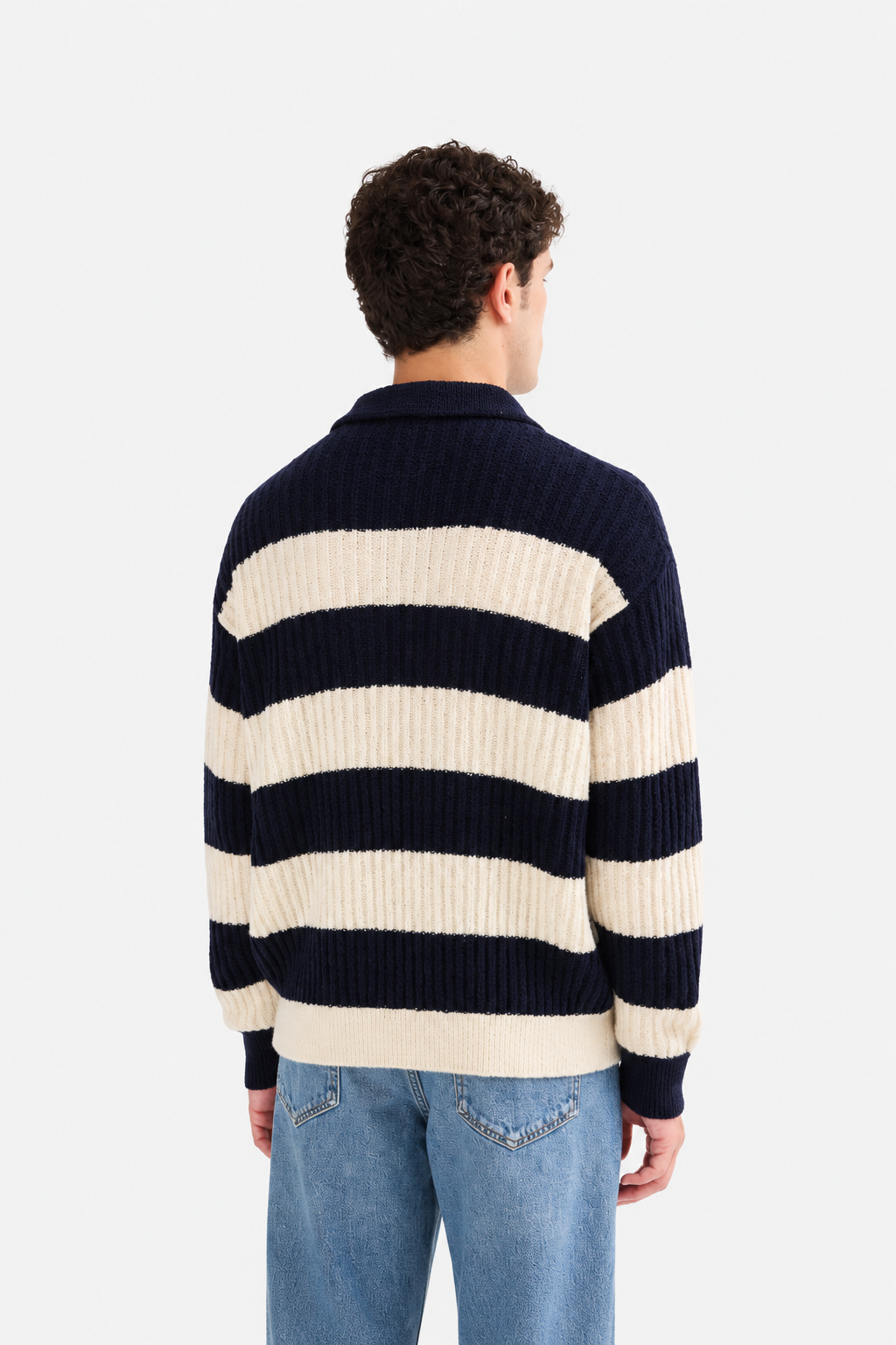 Ribbed Striped Polo Shirt Navy Ecru- Hombre Amsterdam