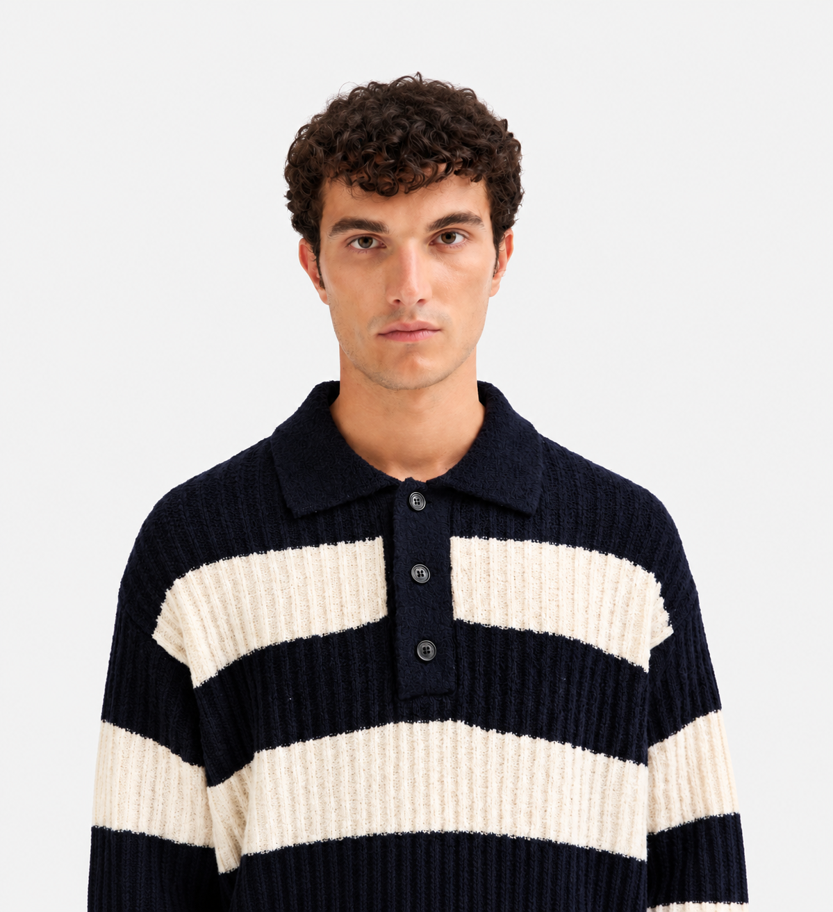 Ribbed Striped Polo Shirt Navy Ecru- Hombre Amsterdam