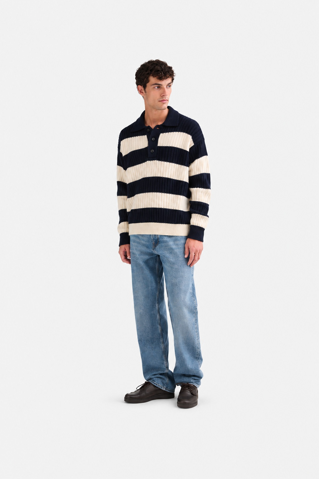 Ribbed Striped Polo Shirt Navy Ecru- Hombre Amsterdam
