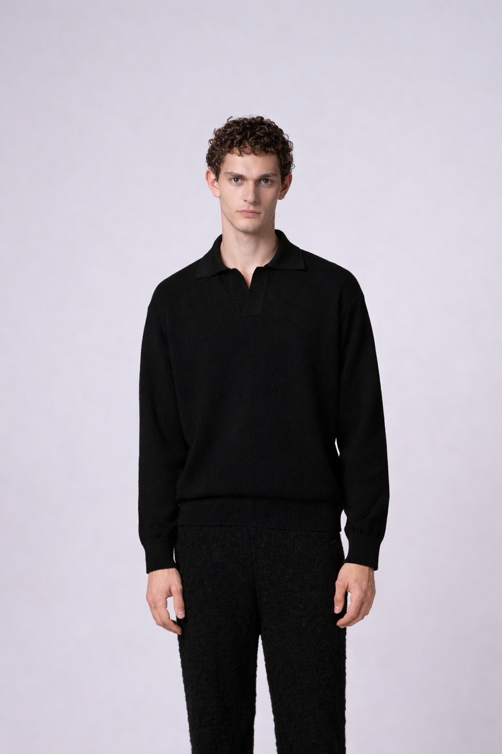 Textured Knit Polo Black- Hombre Amsterdam