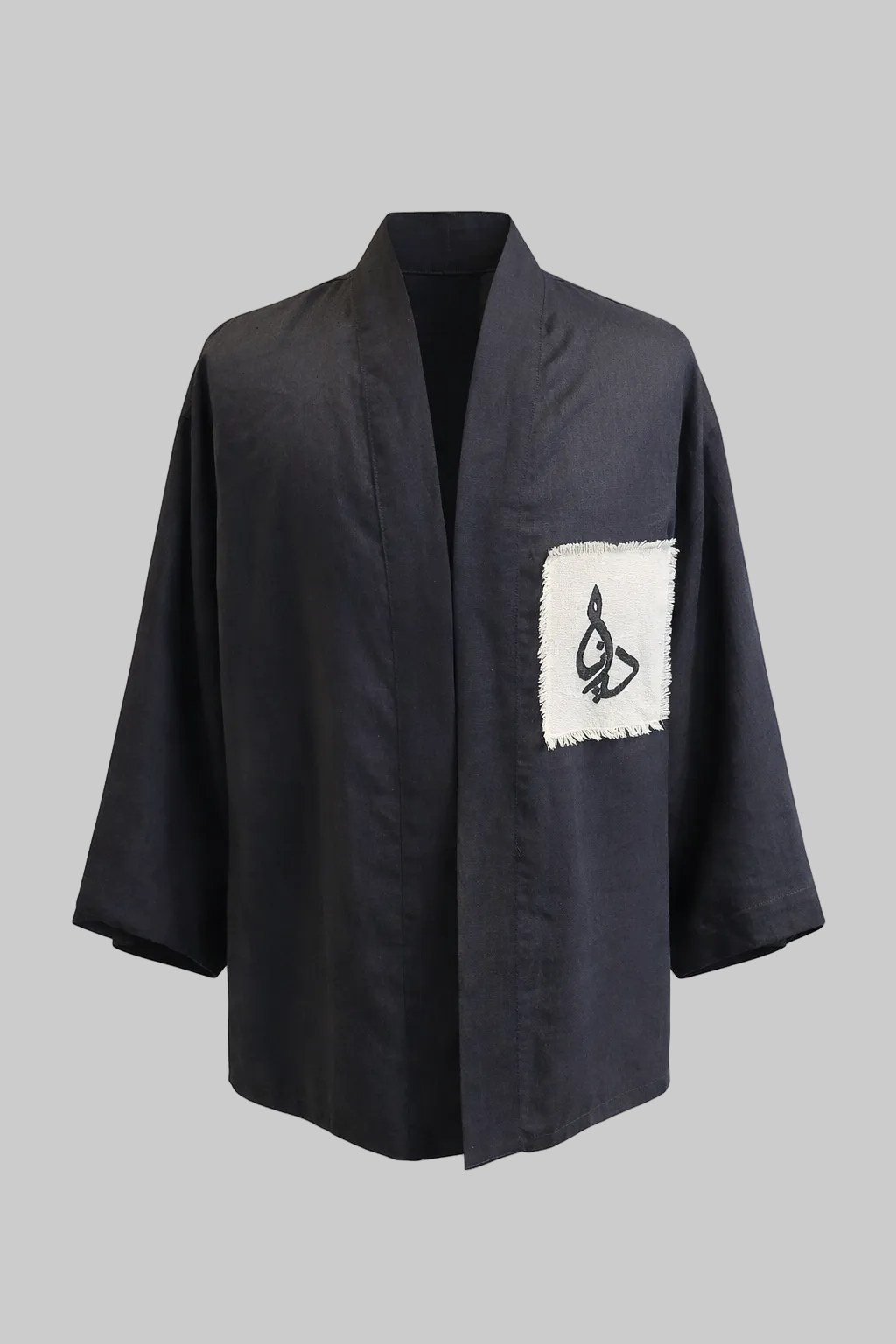 HOMBRE X AICHA LINEN KIMONO BLACK WITH HAND-EMBROIDERED  PATCH-HOMBRE AMSTERDAM