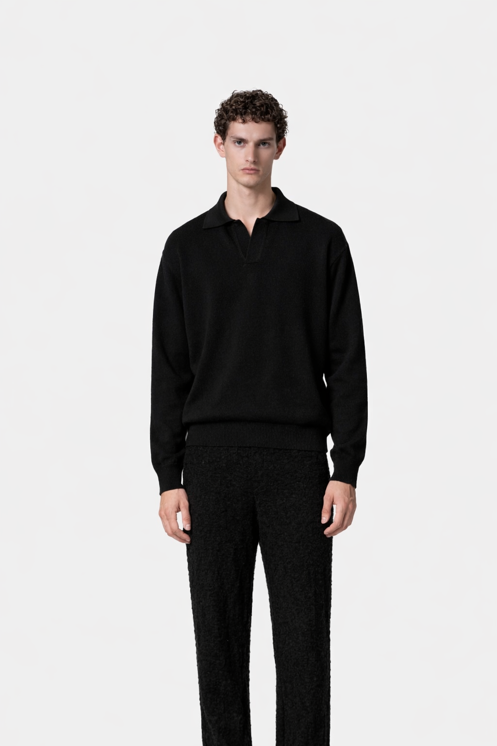 Textured Knit Polo Black- Hombre Amsterdam