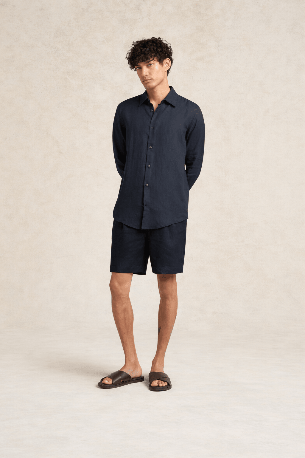 Linen Long Sleeve Shirt Navy Blue - Hombre Amsterdam