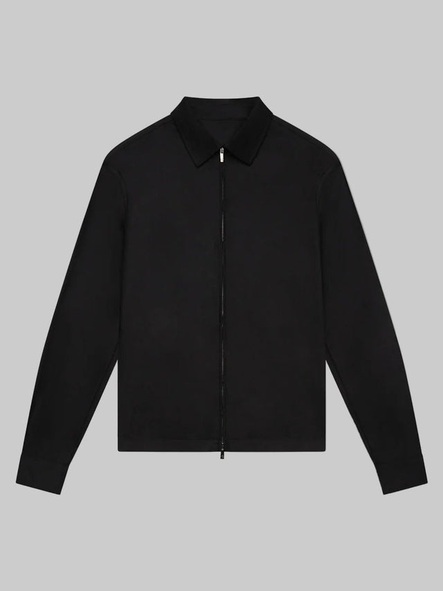 VALENZA FLANNEL STRETCH OVERSHIRT BLACK WOOL WITH ZIP CLOSURE LONG SLEEVE - Hombre Amsterdam