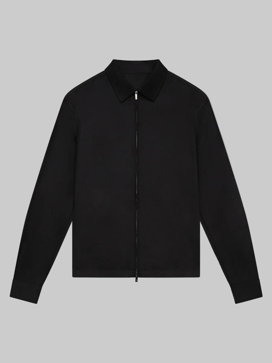 VALENZA FLANNEL STRETCH OVERSHIRT BLACK WOOL WITH ZIP CLOSURE LONG SLEEVE - Hombre Amsterdam