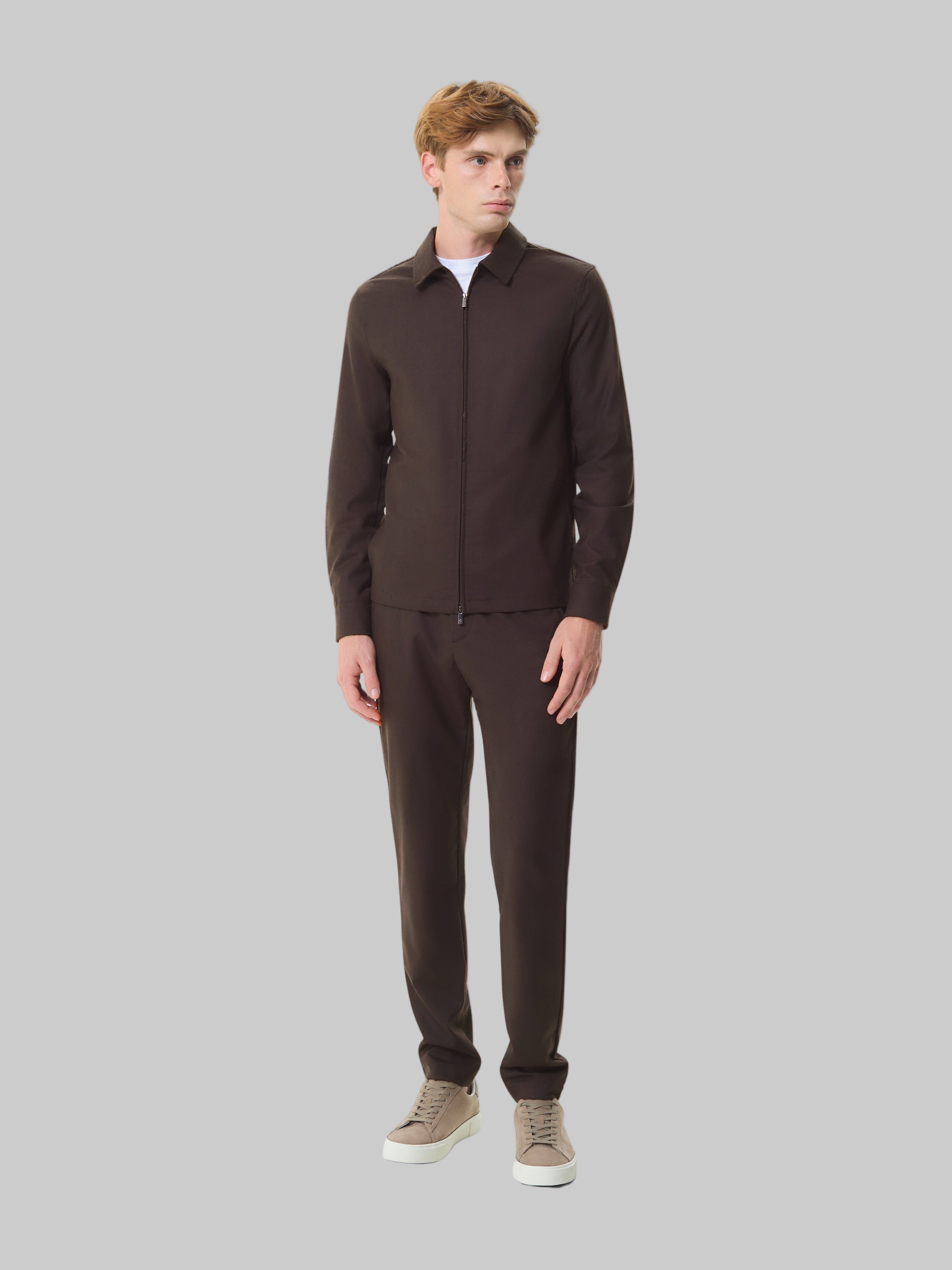 VALENZA FLANNEL STRETCH WOOL OVERSHIRT DARK BROWN WITH ZIP CLOSURE- Hombre Amsterdam