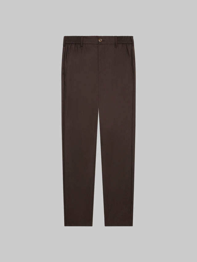 VALENZA FLANNEL STRETCH TAPERED TROUSERS DARK BROWN WITH ELASTIC WAISTBAND - Hombre Amsterdam
