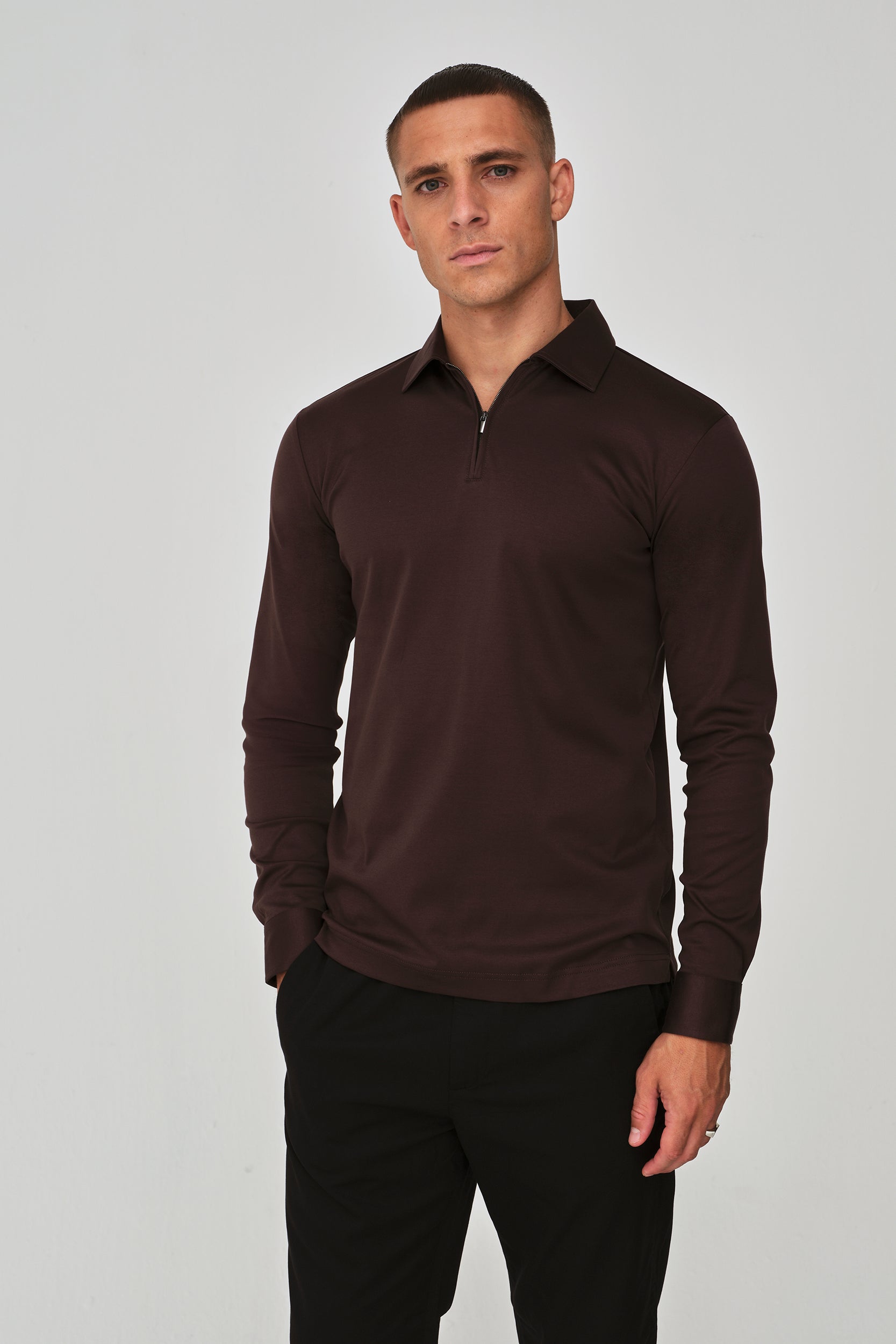 VALENZA SUPIMA ZIP POLO LONG SLEEVE EBONY BROWN - Hombre Amsterdam