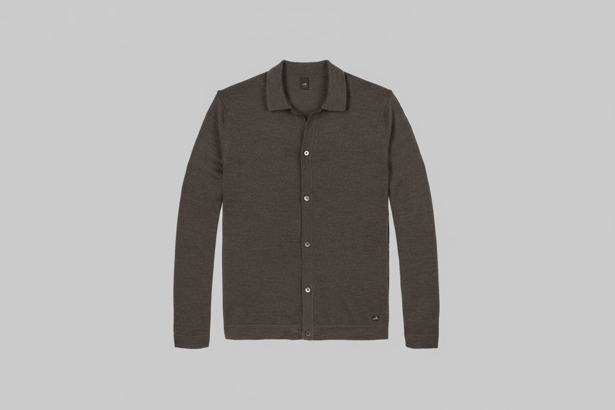 WAHTS MERINO CARDIGAN DARK BROWN MELANGE LONG SLEEVES AND BUTTON CLOSURE- Hombre Amsterdam