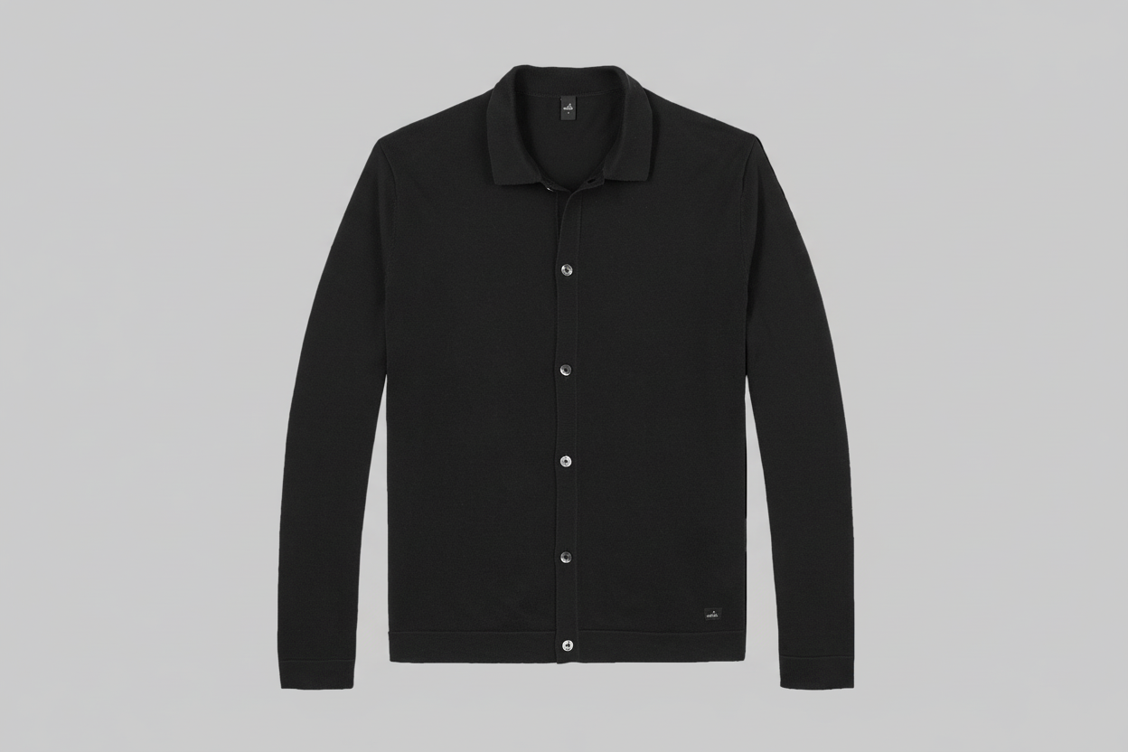 WAHTS MERINO CARDIGAN PURE BLACK LONG SLEEVE WITH BUTTON CLOSURE AND POLO COLLAR - Hombre Amsterdam
