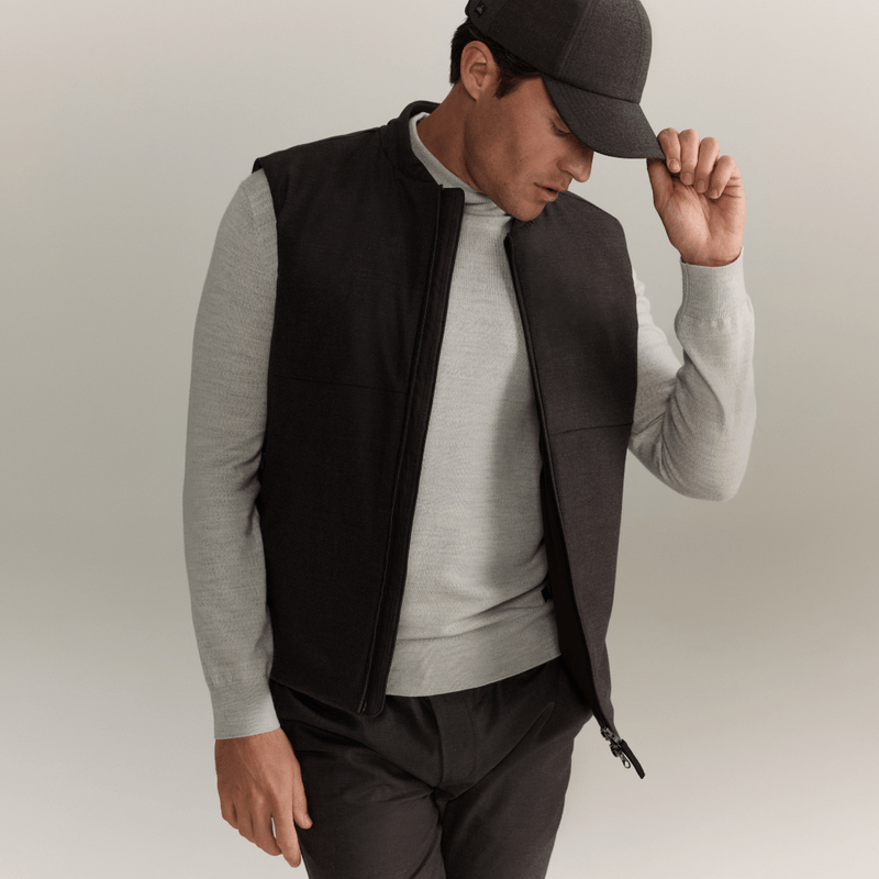 WAHTS STRETCH WOOL BOMBER VEST DARK BROWN MADE IN ITALY ZIP CLOSURE - Hombre Amsterdam